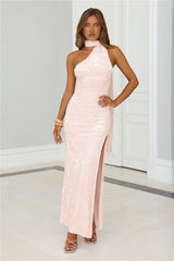 Velvet Petals Halter Maxi Dress Pink