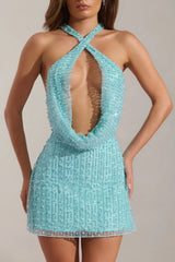 Embellished Cowl-Neck Backless Mini Dress in Aqua Blue