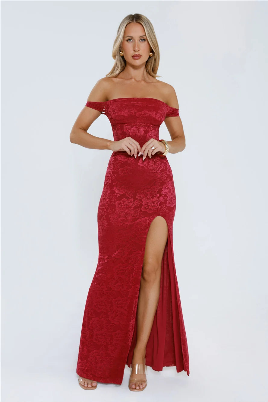 Night Bloom Off Shoulder Maxi Dress Burgundy