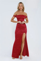 Night Bloom Off Shoulder Maxi Dress Burgundy