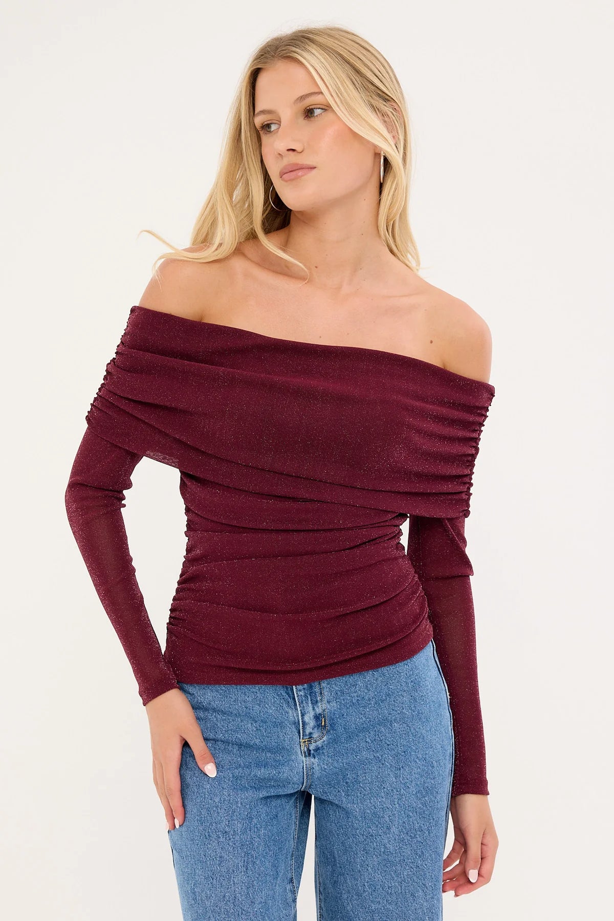 Luck & Trouble Bella Off Shoulder Long Sleeve Top Burgundy