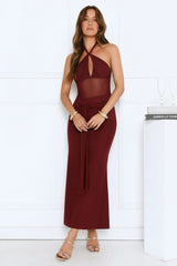 Luxe Darling Halter Mesh Maxi Dress Burgundy