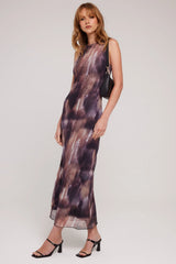 Luck & Trouble Cascade High Neck Recycled Mesh Midi Dress Brown Print
