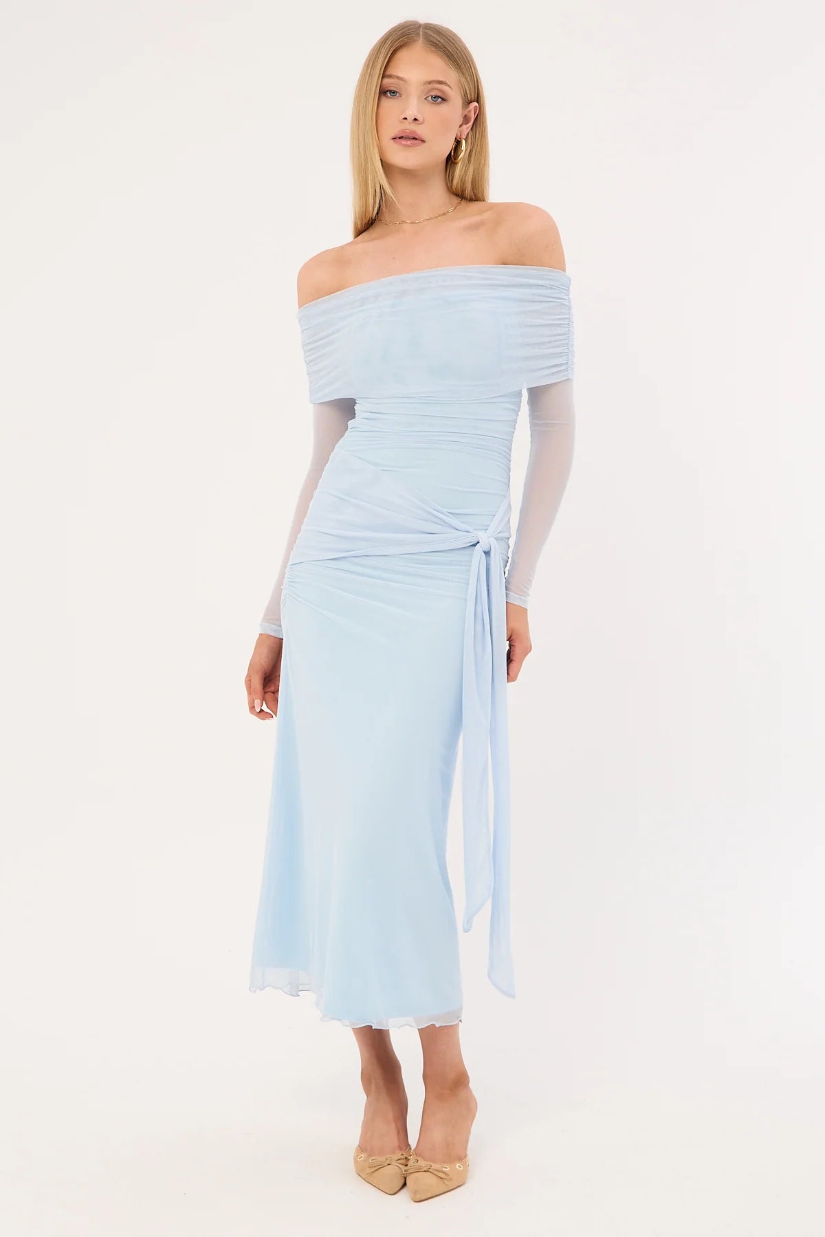 Luck & Trouble Elyse Off Shoulder Long Sleeve Maxi Dress Blue