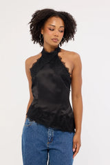 Luck & Trouble Alexa Lace Halter Top Black