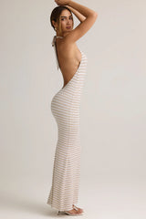 Modal Halterneck Maxi Dress in Pink Yellow Stripe