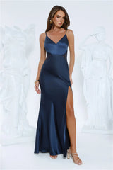 Silver Moonlight Satin Maxi Dress Navy