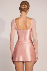 Embellished Long-Sleeve Draped Mini Dress in Blush Pink