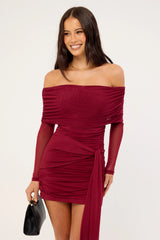 Luck & Trouble Elyse Off Shoulder Recycle Long Sleeve Mini Dress Burgundy
