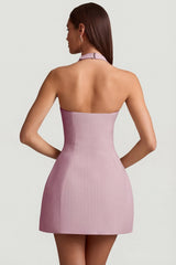 Pinstripe Halterneck Structured A-Line Mini Dress in Mauve
