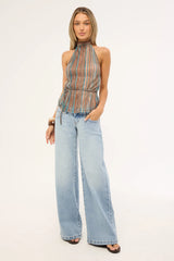 Motel Brienne Top Blue and Brown Shimmer Sheer Plisse