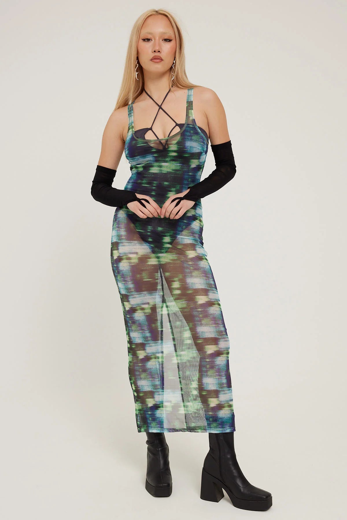 Neovision Distorted Dimension Mesh Maxi Dress Green Print
