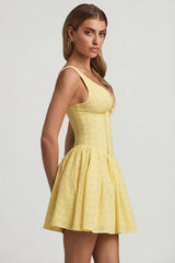 Broderie Anglaise Bow-Detail A-Line Mini Dress in Pastel Yellow