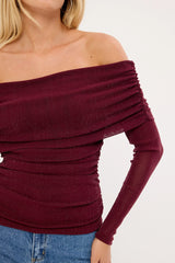 Luck & Trouble Bella Off Shoulder Long Sleeve Top Burgundy