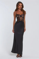 Live Chic Lace Satin Maxi Dress Black