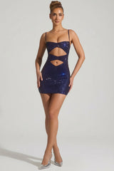 Embellished Cut-Out Mini Dress in Navy
