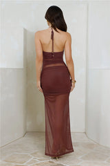 Doll Behaviour Mesh Halter Maxi Dress Brown