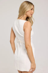 Perfect Stranger High Neck Button Up Linen Mini Dress White