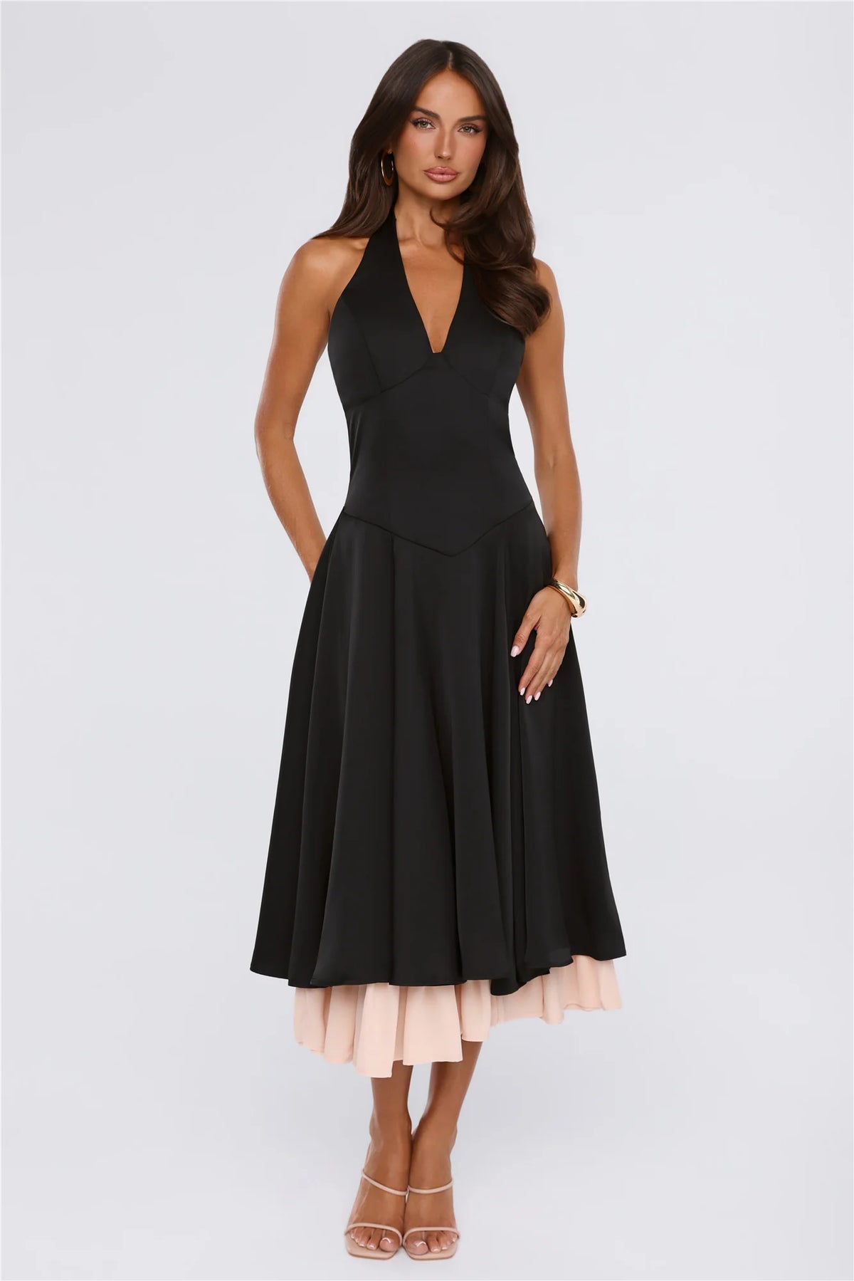 Elegant Energy Satin Halter Midi Dress Black