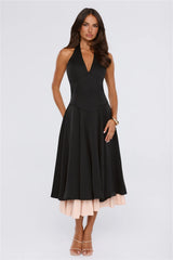 Elegant Energy Satin Halter Midi Dress Black