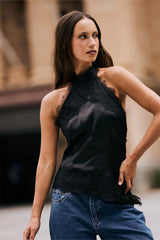 Luck & Trouble Alexa Lace Halter Top Black
