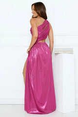 Iridescent Shimmer One Shoulder Maxi Dress Magenta