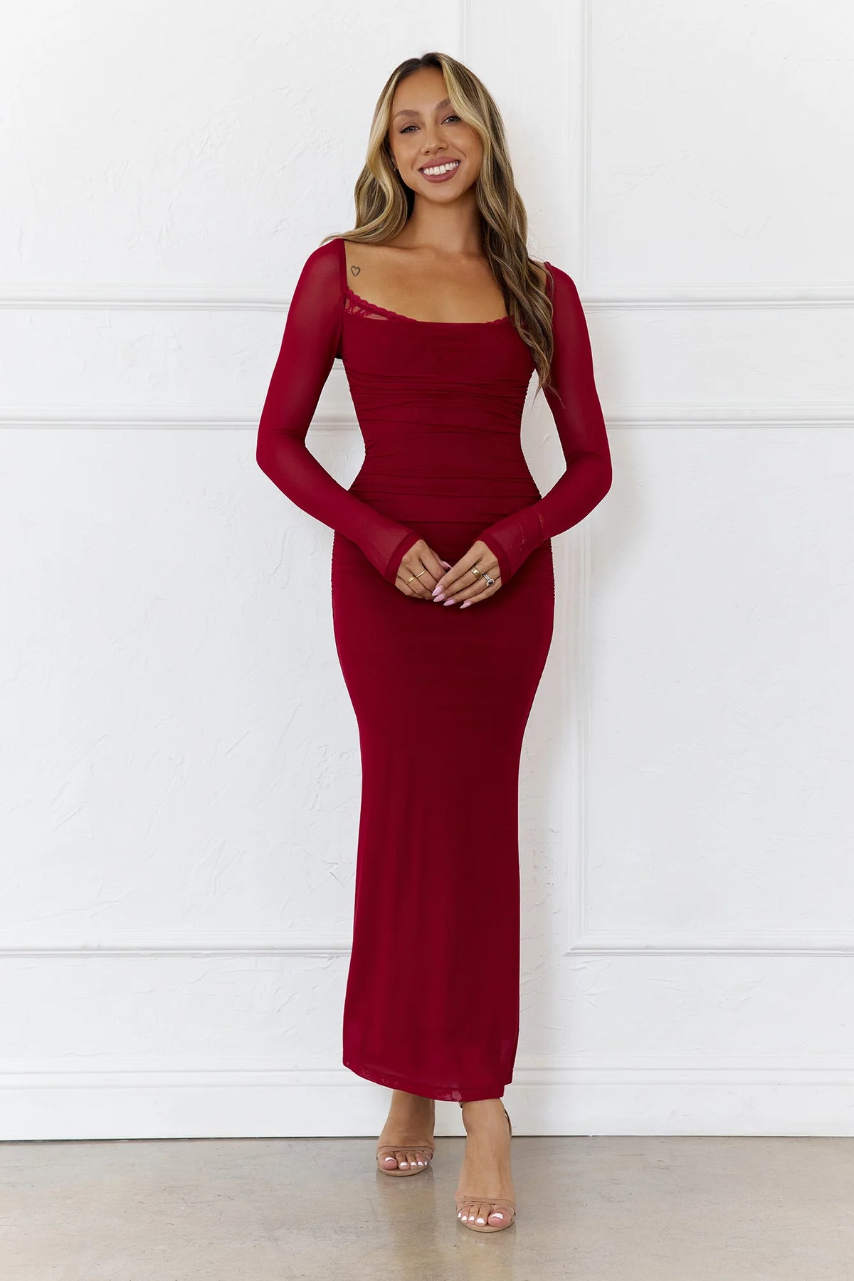 Trendsetter Edit Mesh Long Sleeve Maxi Dress Wine
