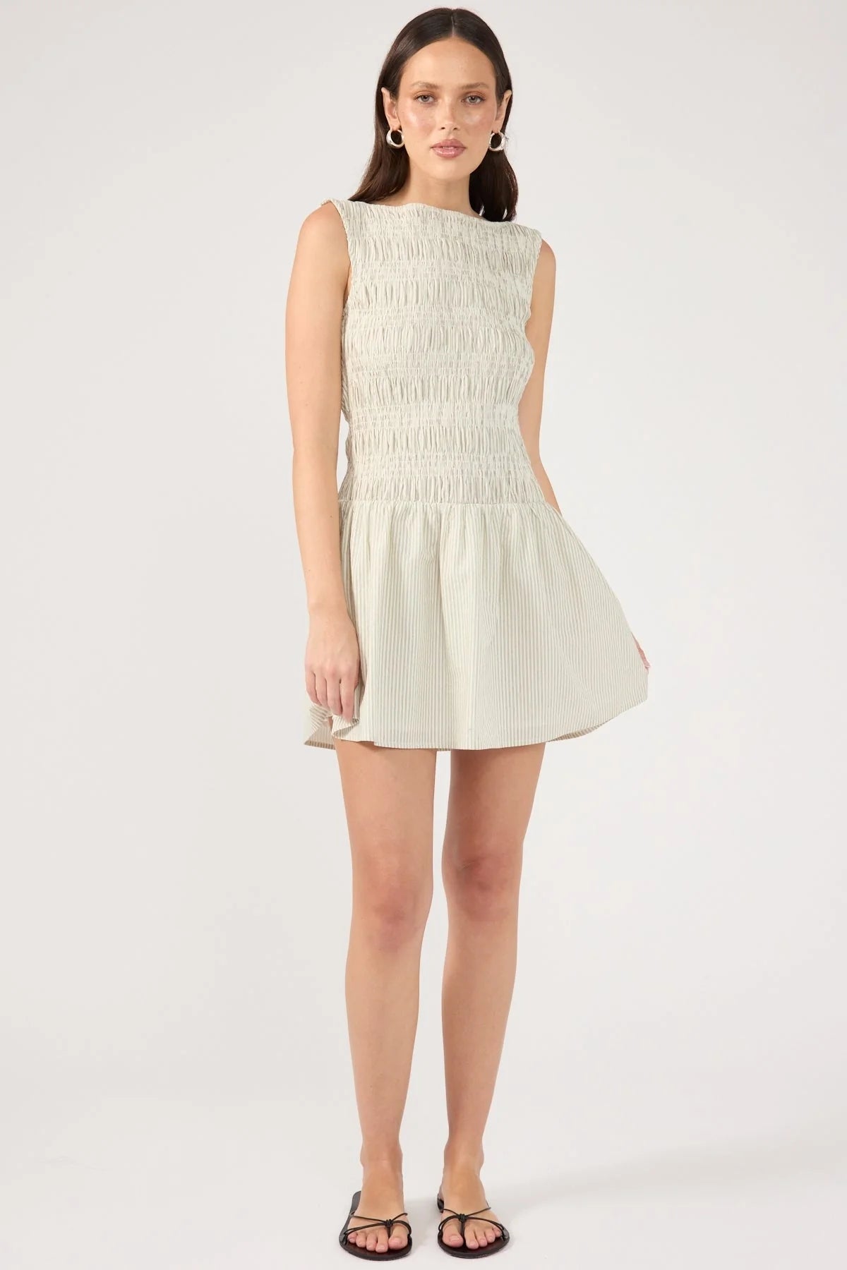 Perfect Stranger Shirred High Neck Mini Dress White Stripe