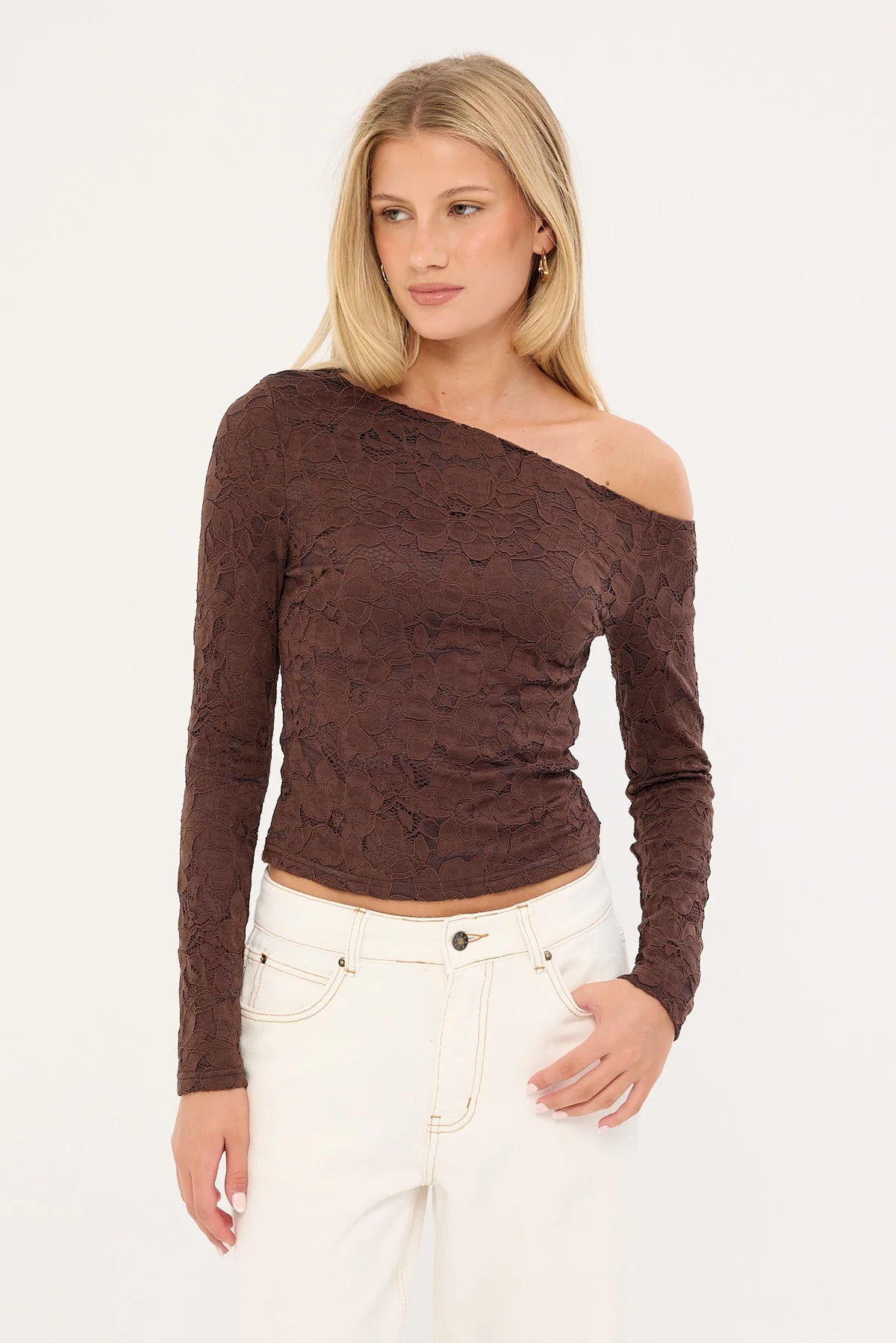 Luck & Trouble Solace Off Shoulder Long Sleeve Lace Top Brown