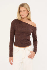 Luck & Trouble Solace Off Shoulder Long Sleeve Lace Top Brown