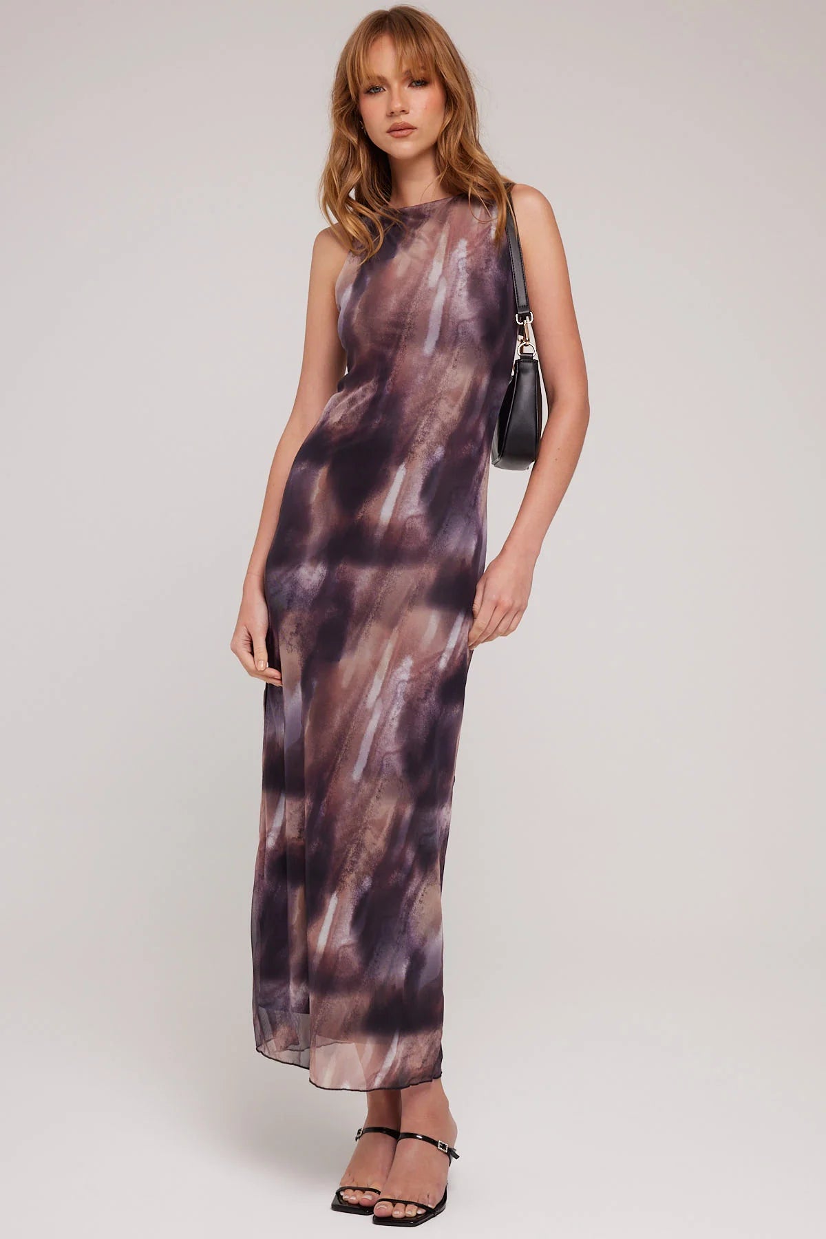 Luck & Trouble Cascade High Neck Recycled Mesh Midi Dress Brown Print