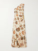Embellished gathered one-shoulder printed woven midi dress