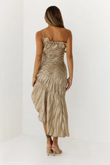Golden Hour One Shoulder Ruched Midi Dress Gold