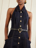 Belted halterneck denim midi dress