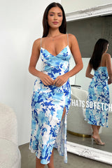 Jennifer Satin Midi Dress - Dark Blue Floral