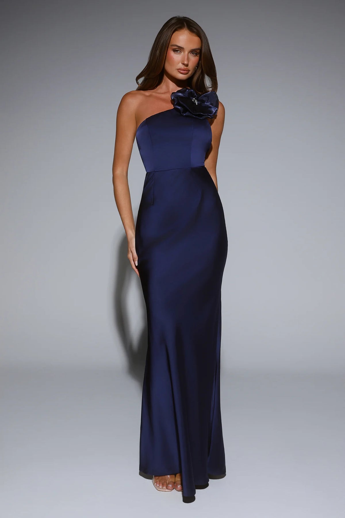 Flowered Opulence One Shoulder Satin Maxi Dress Navy
