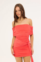 Luck & Trouble Elyse Recycled Off Shoulder Mini Dress Coral