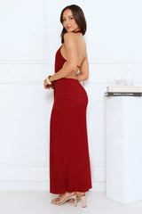 Night Tease Halter Mesh Maxi Dress Burgundy