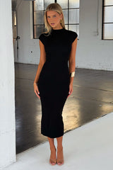 Quinn High Neck Knit Midi Dress - Black