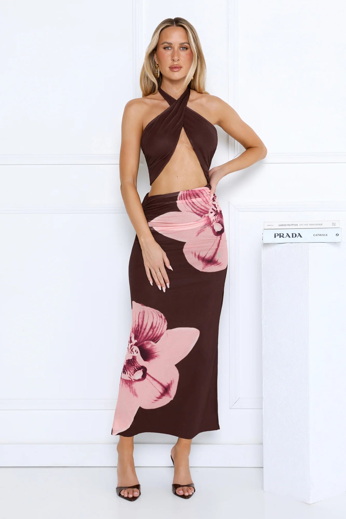 Blooming Belle Halter Maxi Dress Brown