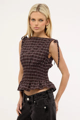 Luck & Trouble Andie Ruched Tie Top Brown Check