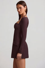 Pinstripe Structured A-Line Mini Dress in Chocolate Brown