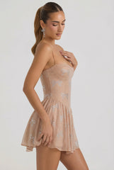 Embellished Strappy Skater Mini Dress in Almond
