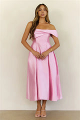 Timeless Satin Folded Off Shoulder Midi Dress Pink